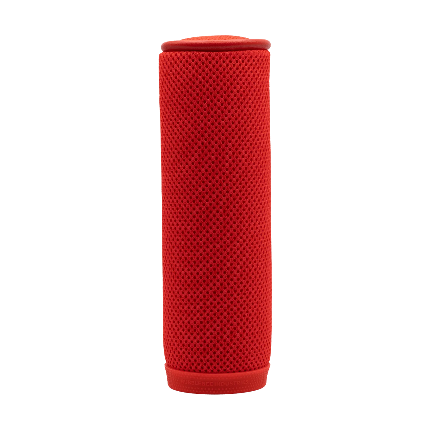 Red mesh cylindrical microphone windscreen with rubber base