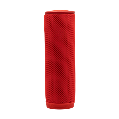 Red mesh cylindrical microphone windscreen with rubber base