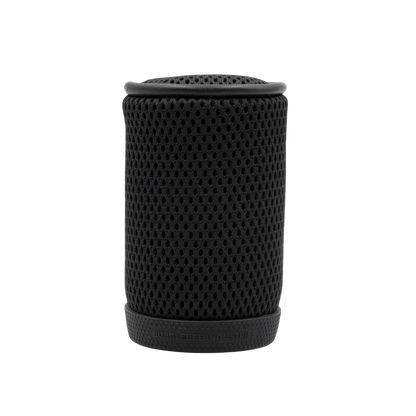 Black cylindrical mesh spacer bubble, close side view, rounded top and base.