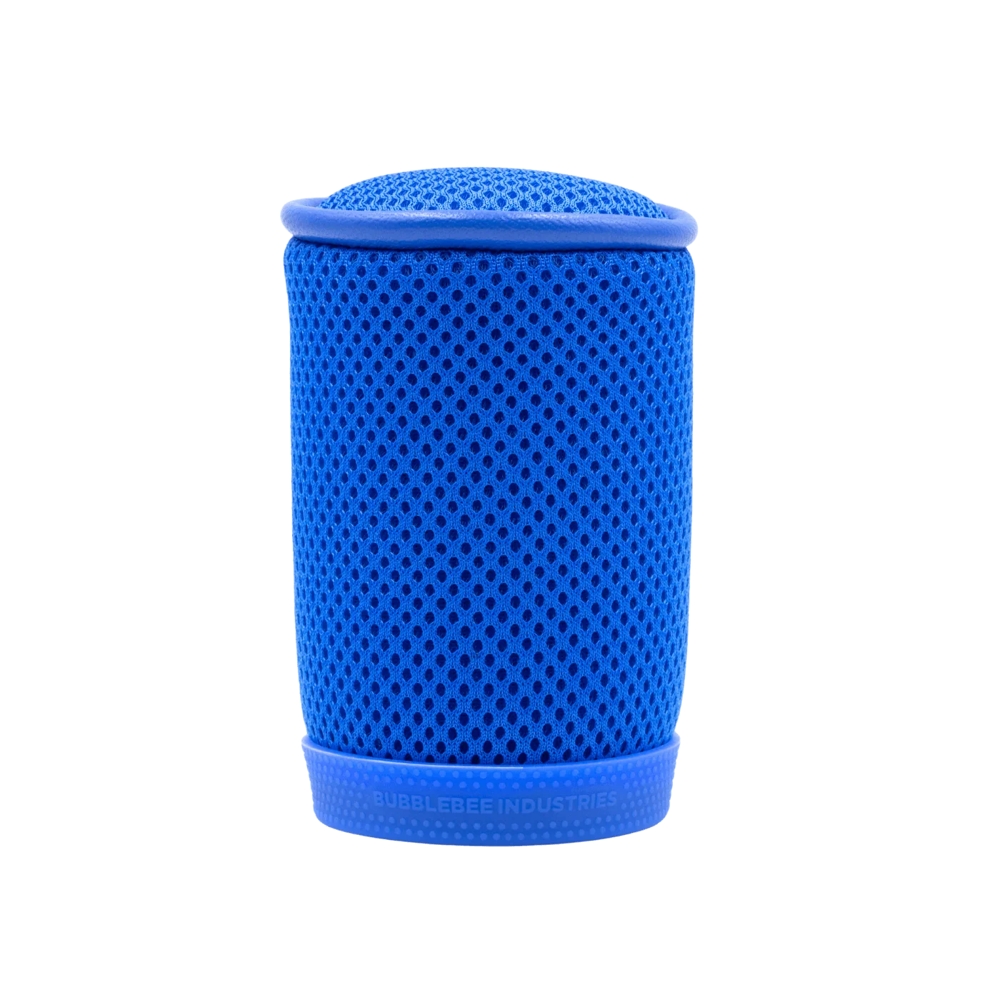 Blue cylindrical mesh spacer bubble, close side view, rounded top and base.