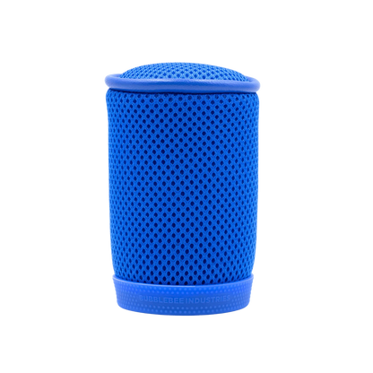 Blue cylindrical mesh spacer bubble, close side view, rounded top and base.