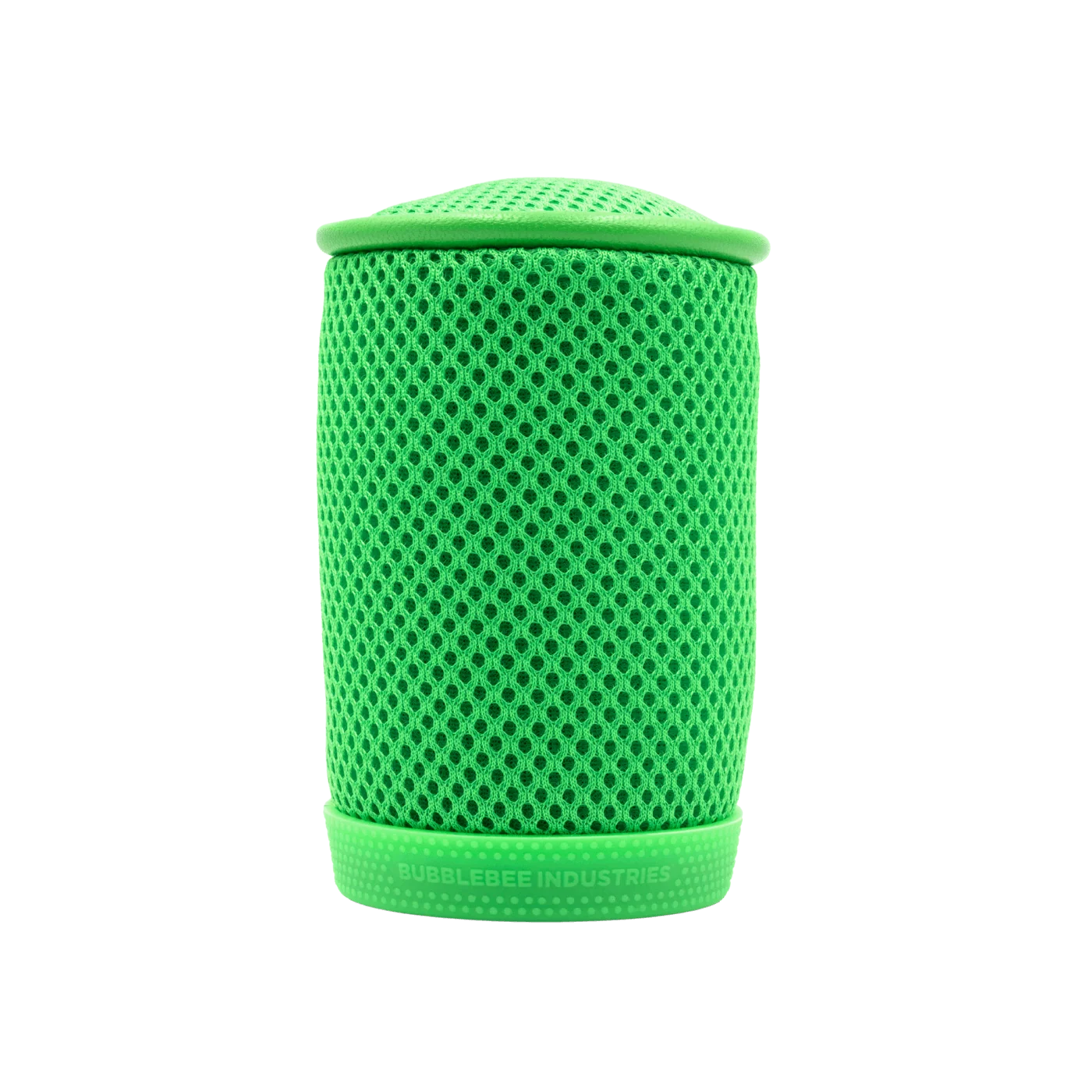 Green cylindrical mesh spacer bubble, close side view, rounded top and base.
