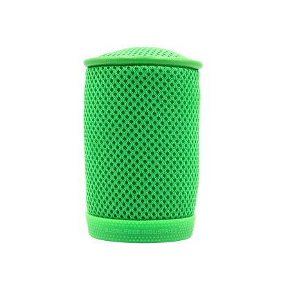 Green cylindrical mesh spacer bubble, close side view, rounded top and base.