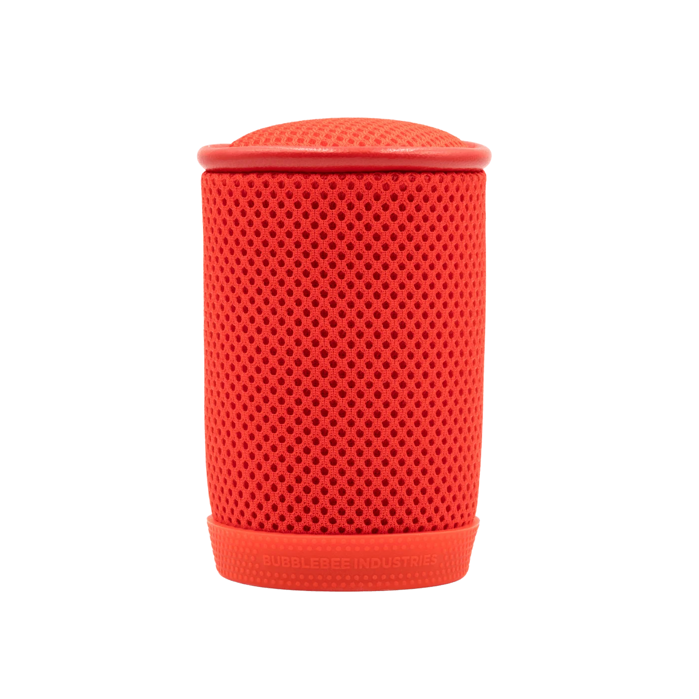 Red cylindrical mesh spacer bubble, close side view, rounded top and base.