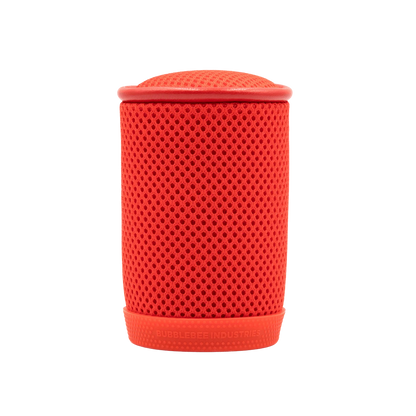 Red cylindrical mesh spacer bubble, close side view, rounded top and base.