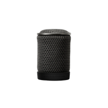 Black cylindrical mesh spacer bubble with textured perforations and rounded top.