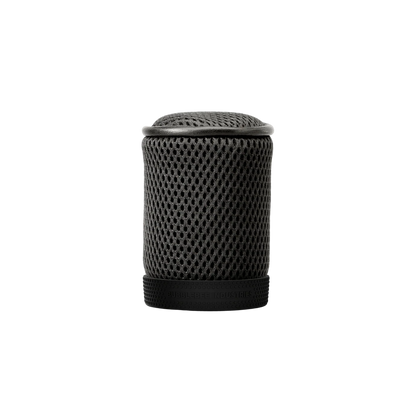 Black cylindrical mesh spacer bubble with textured perforations and rounded top.