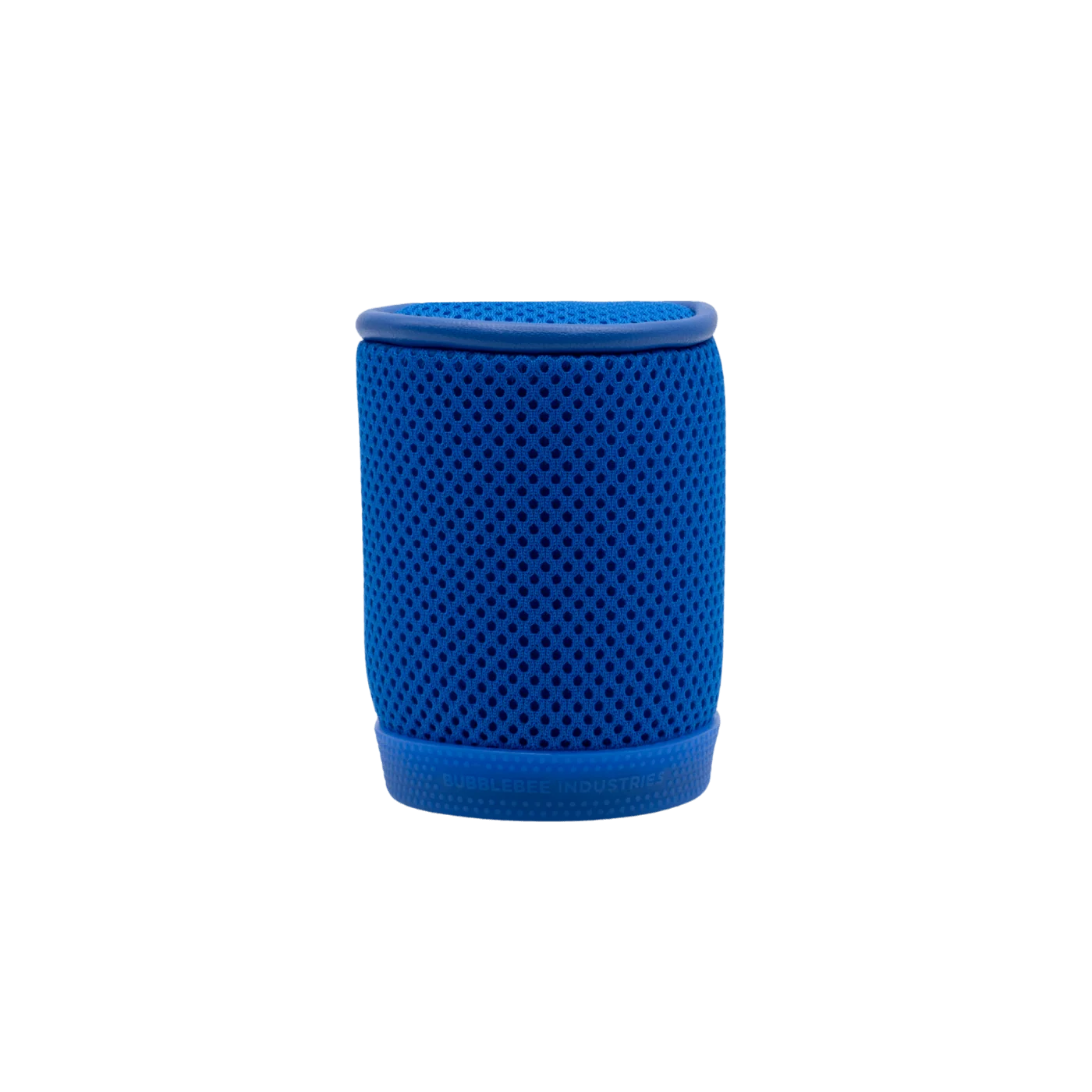 Blue cylindrical mesh spacer bubble with textured perforations and rounded top.