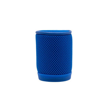 Blue cylindrical mesh spacer bubble with textured perforations and rounded top.