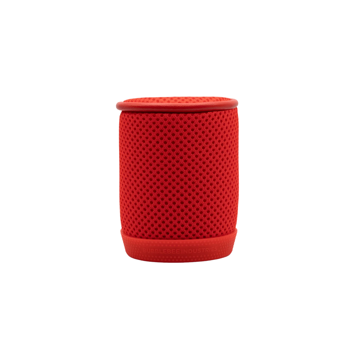 Red cylindrical mesh spacer bubble with textured perforations and rounded top.