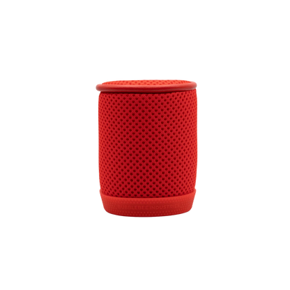 Red cylindrical mesh spacer bubble with textured perforations and rounded top.