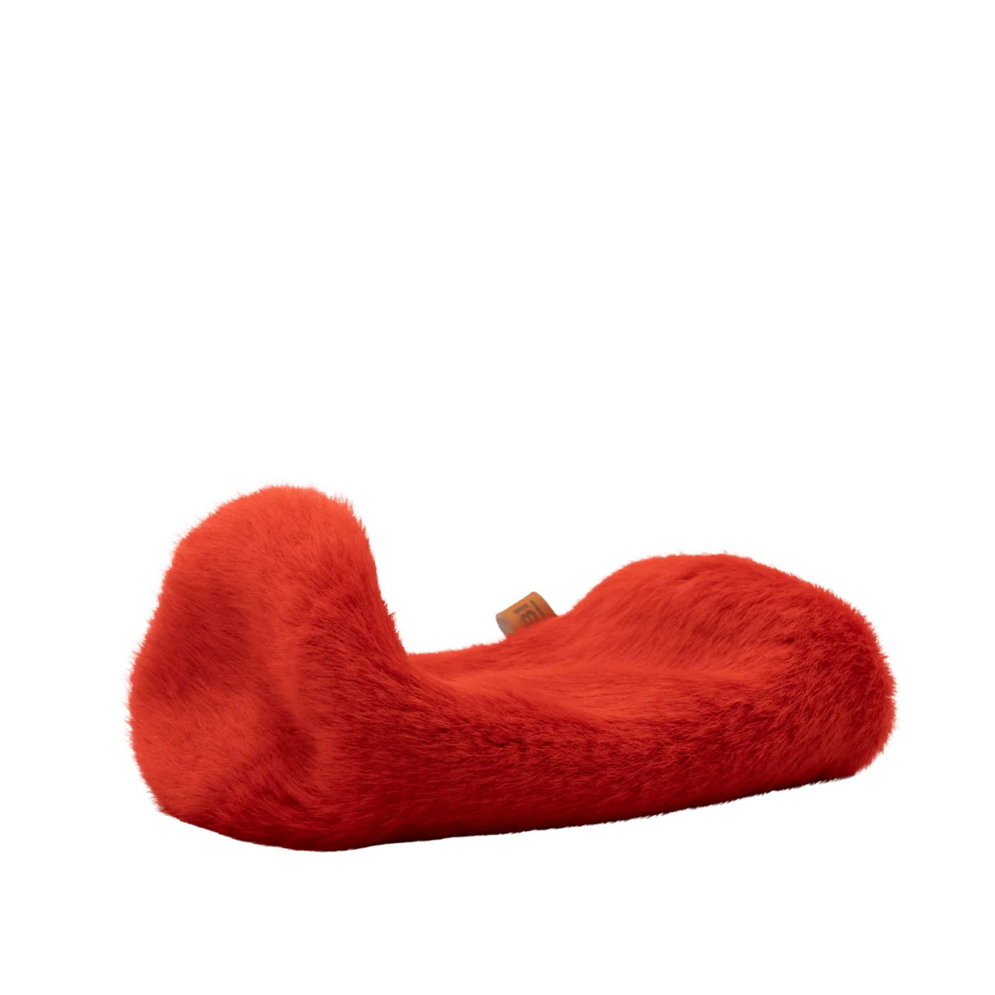 Red plush spacer cover with curved C shape and small fabric tag.