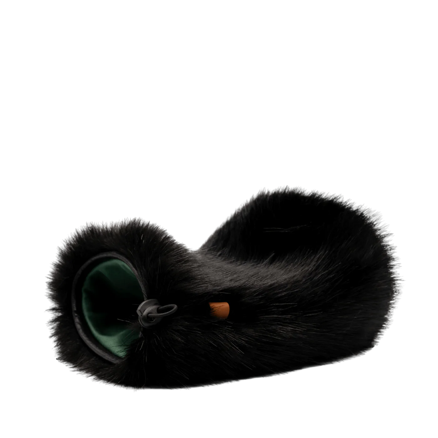 Black plush spacer cover with looped button and green-lined opening.