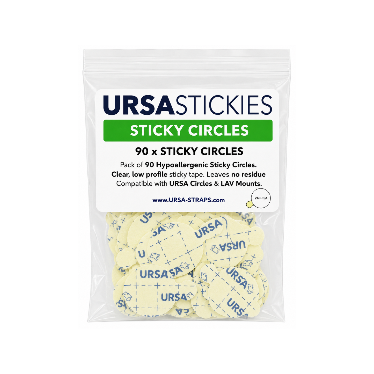 Resealable pouch of URSA sticky circles adhesive pads, 90 count