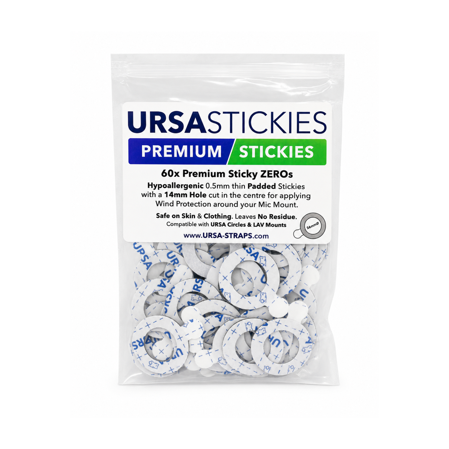 Clear bag of circular adhesive zero rings with blue printed markings