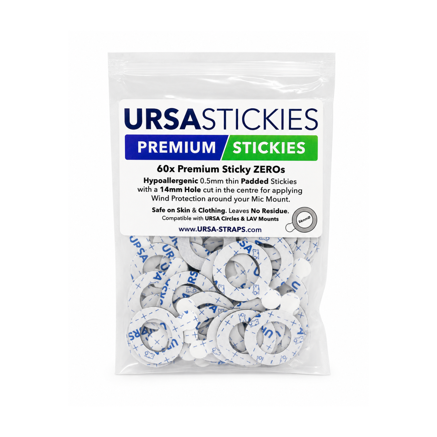 Clear bag of circular adhesive zero rings with blue printed markings