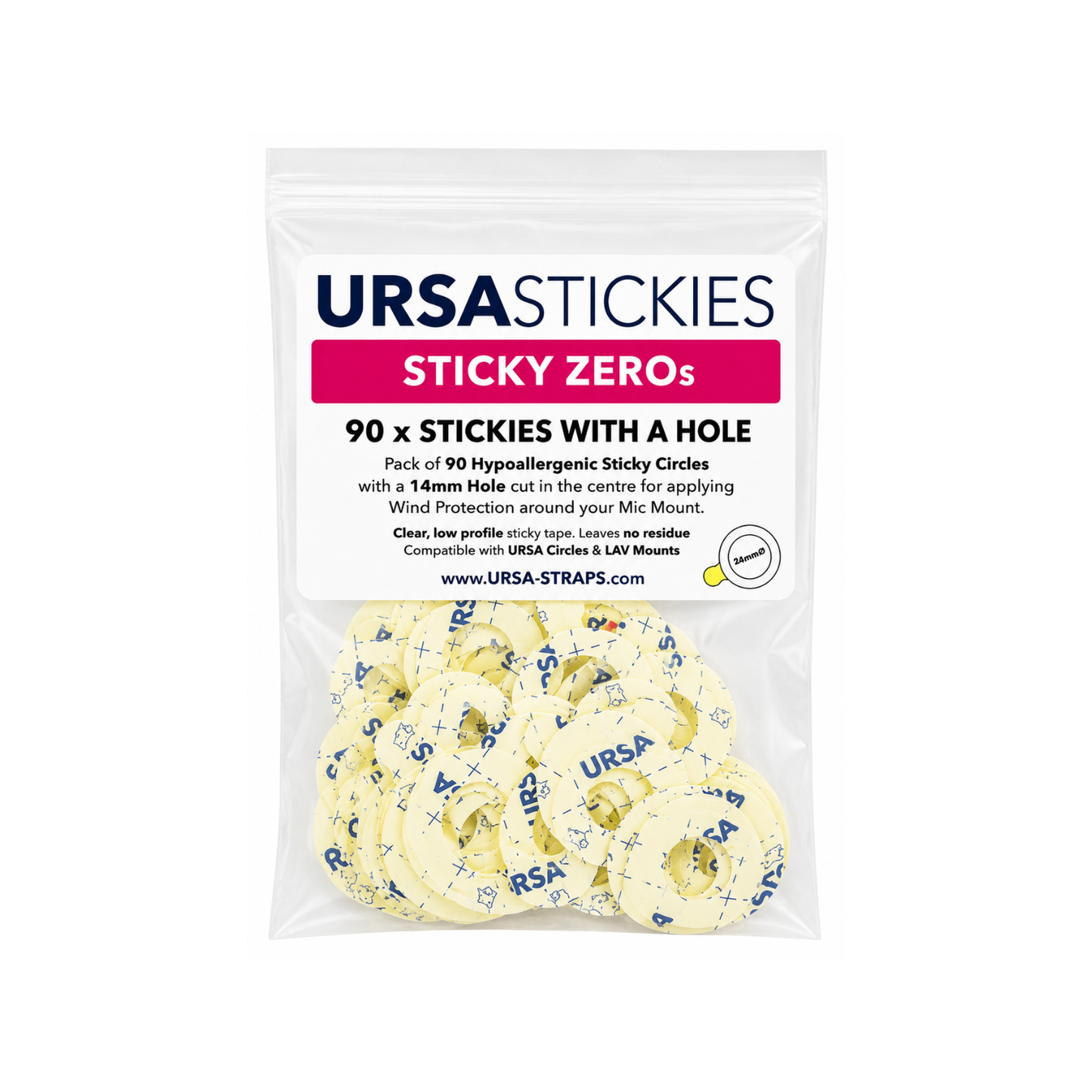 Adhesive sticky circles with center hole, pale yellow, in clear pouch