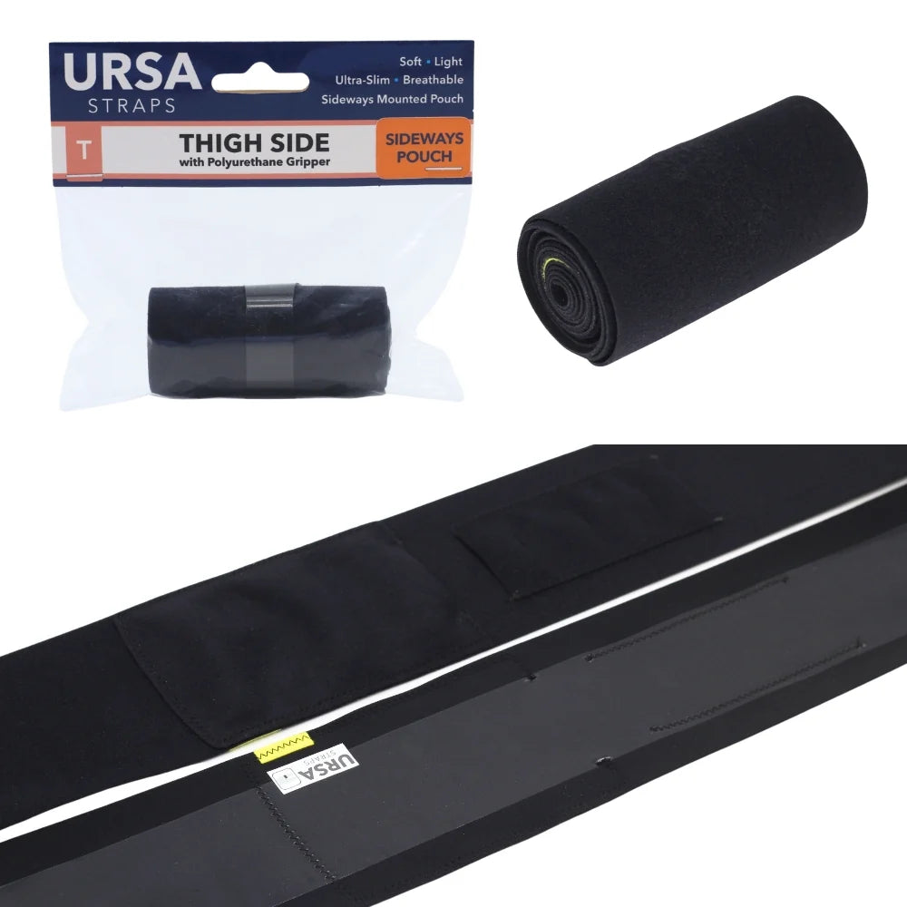 Black thigh-side pouch strap with gripper, unrolled end view in packaging