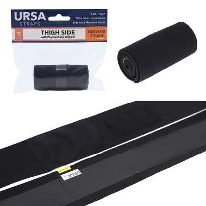 Black thigh-side pouch strap with gripper, unrolled end view in packaging