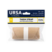 Beige thigh strap pouch set with soft fabric, shown in clear retail packaging