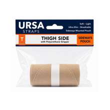 Beige thigh-side pouch strap with gripper, packaged in a clear sleeve