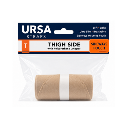 Beige thigh-side pouch strap with gripper, packaged in a clear sleeve