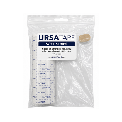 URSA soft strips moleskin tape roll in clear plastic package, beige