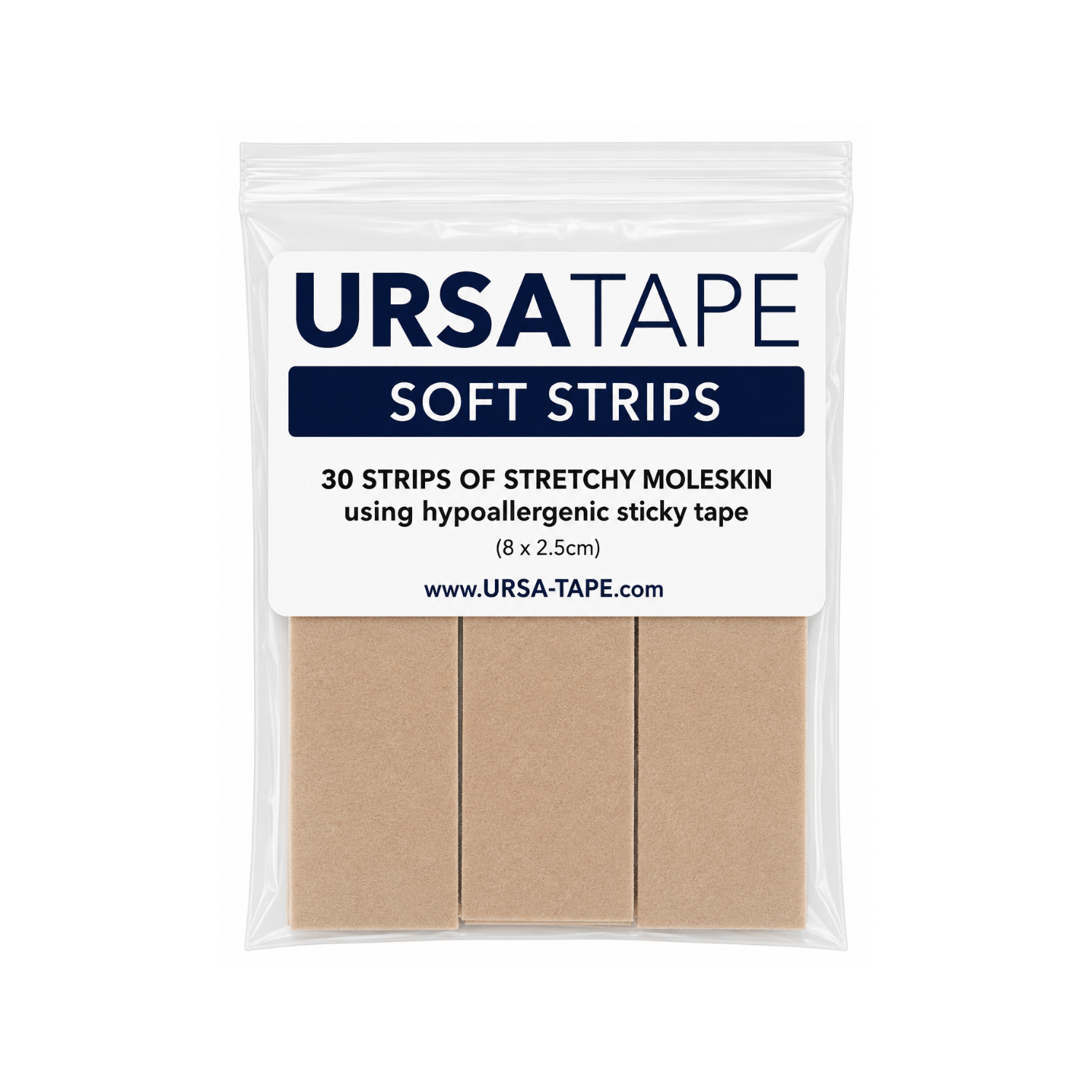 Soft moleskin hypoallergenic tape strips in beige, packaged 30 small strips