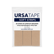 Soft moleskin hypoallergenic tape strips in beige, packaged 30 small strips