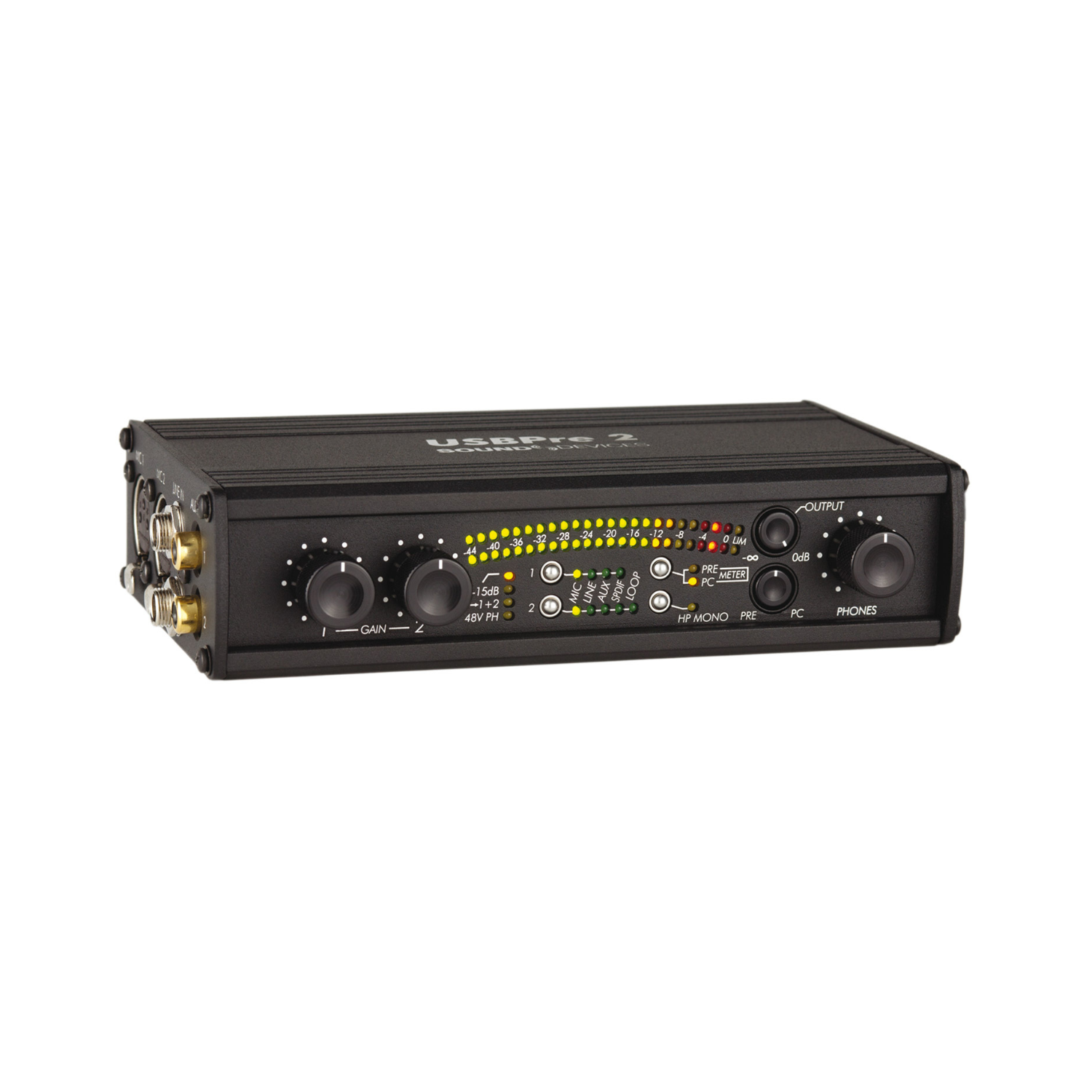 USB audio preamp with front panel gain knobs, LED indicators, and headphone output