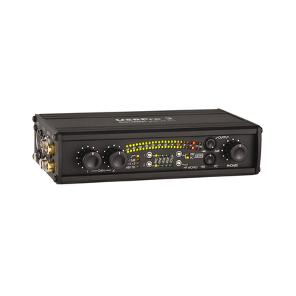 USB audio preamp with front panel gain knobs, LED indicators, and headphone output
