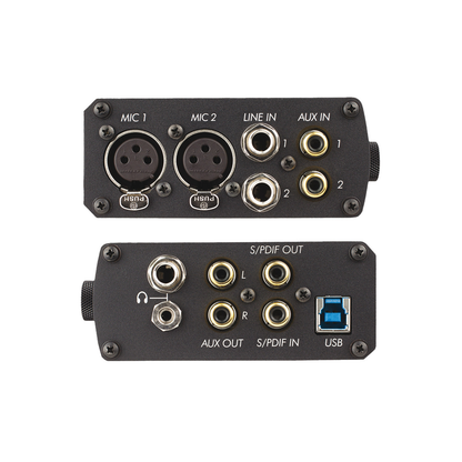 USB audio preamp rear panel with MIC XLR, line/AUX inputs, RCA jacks, and USB/S/PDIF