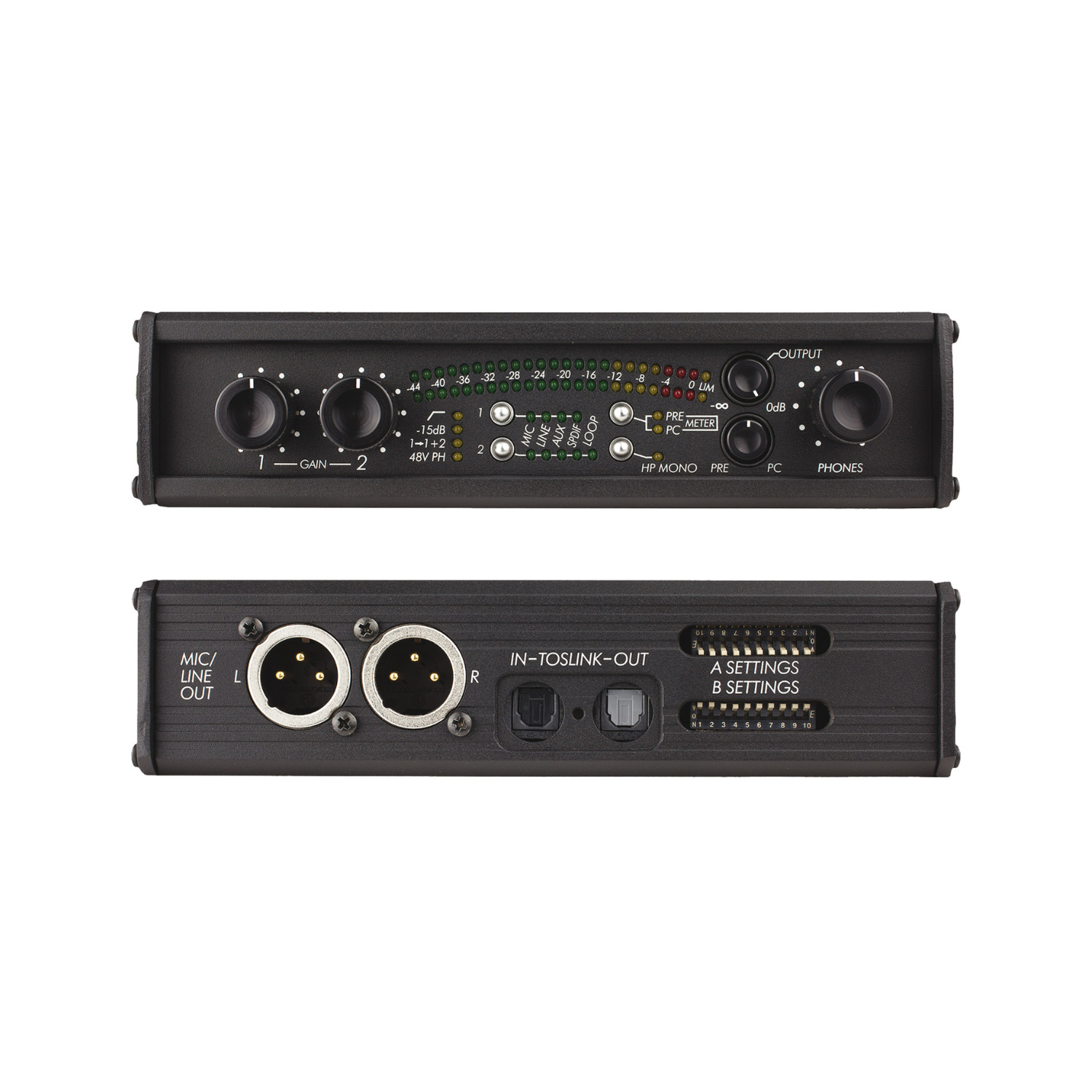USB audio preamp showing front controls and rear I/O ports