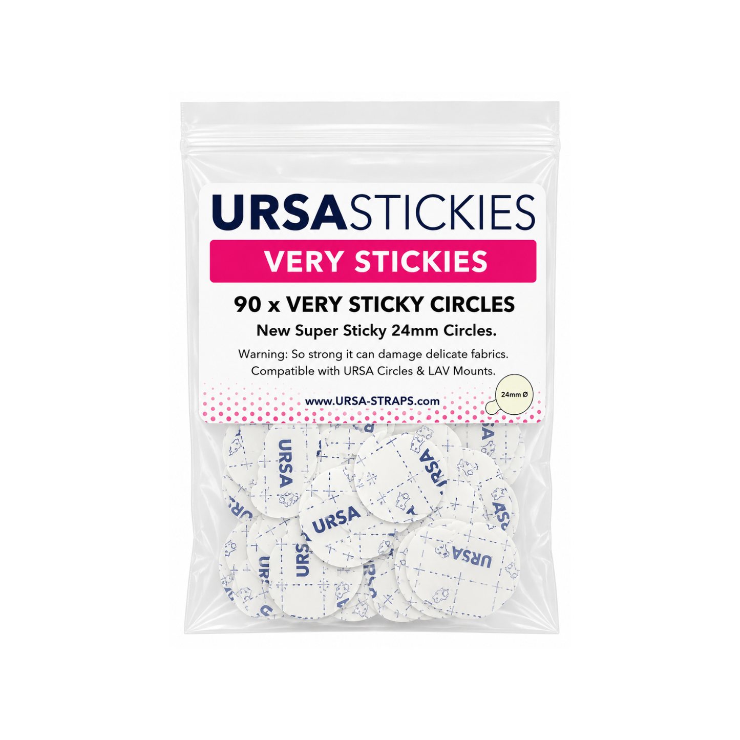 Adhesive sticky circles in resealable pouch, 24 mm white/blue round discs