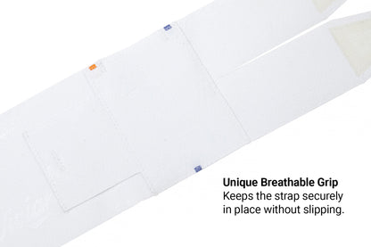 White calf strap with textured panels and two small fastening tabs.