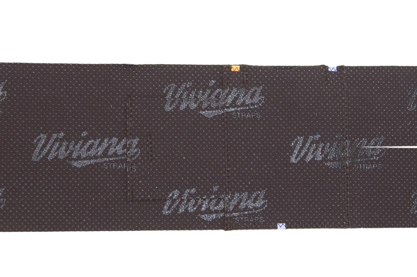 Dark brown calf strap close-up with grid texture and central seam panel.