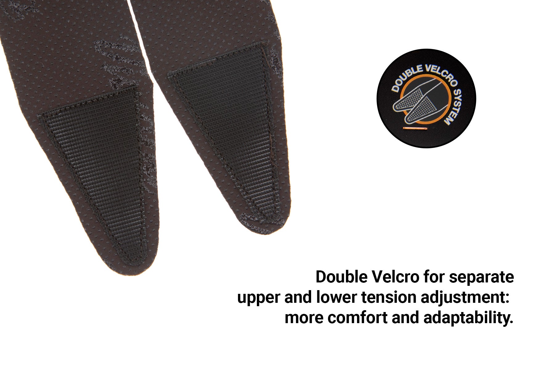 Double-velcro extreme thigh straps with adjustable tension pads, dark close-up