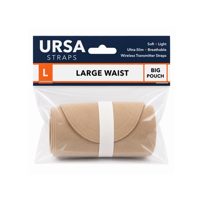 Packaged beige single waist pouch strap labeled large waist and big pouch
