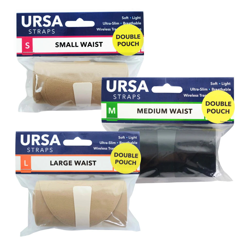 URSA STRAPS double pouch waist strap package set showing small, medium, and large