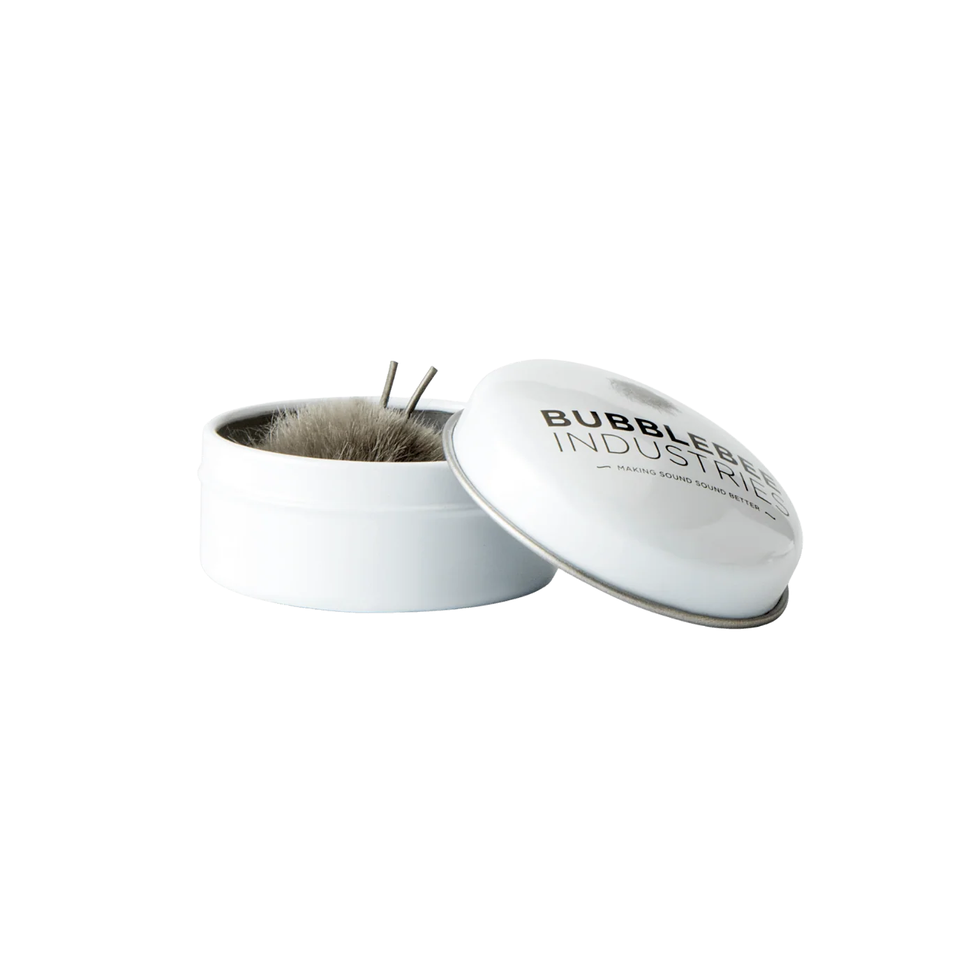 Furry windscreen inserts in white tins labeled "BUBBLE INDUSTRY"