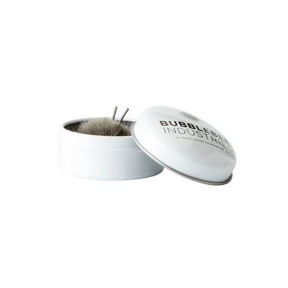 Furry windscreen inserts in white tins labeled "BUBBLE INDUSTRY"