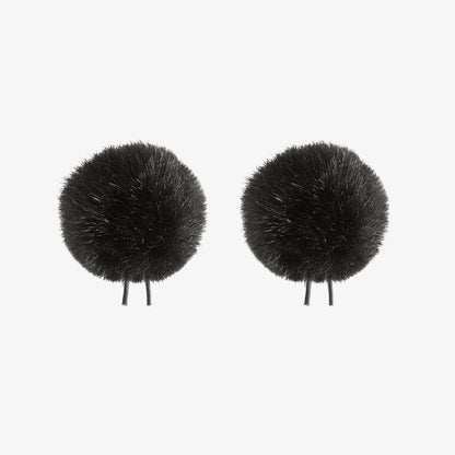 Pair of black faux fur pom-poms with twin-prong base