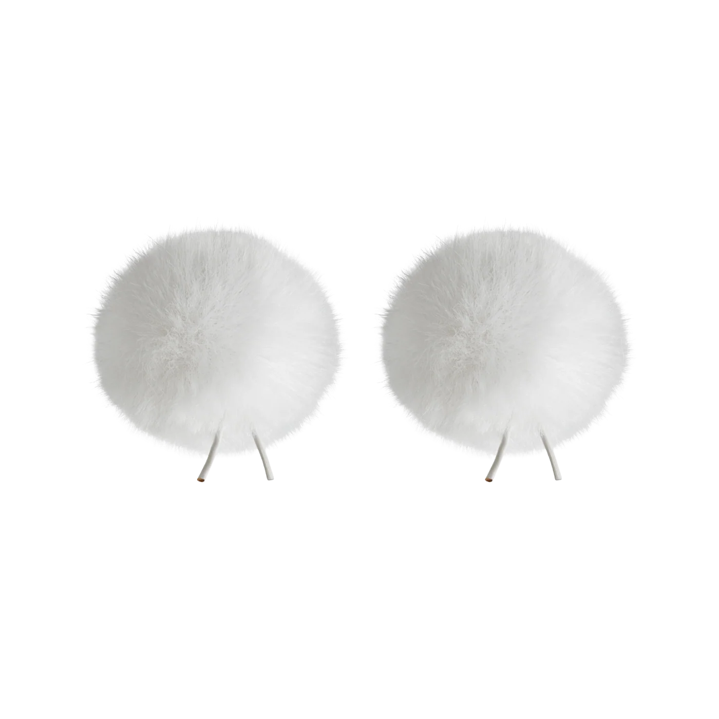 Pair of white faux fur pom-poms with twin-prong base
