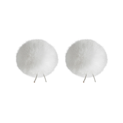 Pair of white faux fur pom-poms with twin-prong base