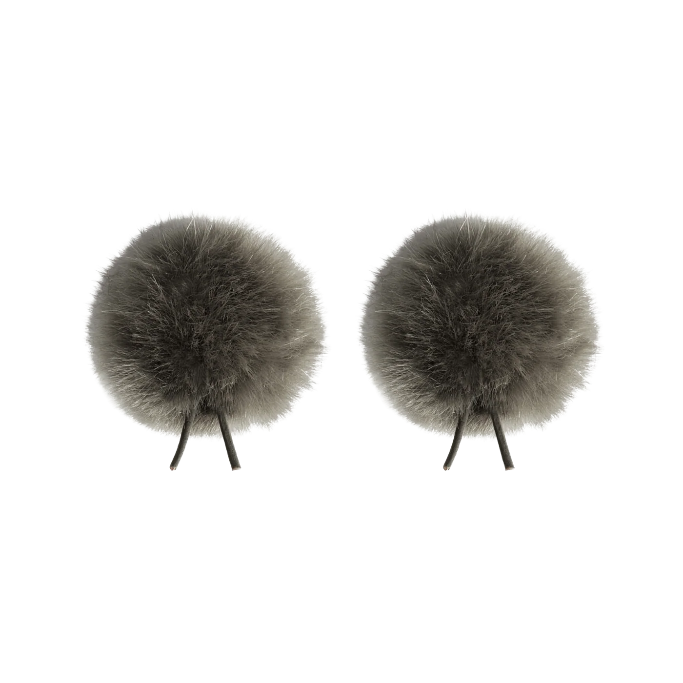 Pair of grey faux fur pom-poms with twin-prong base