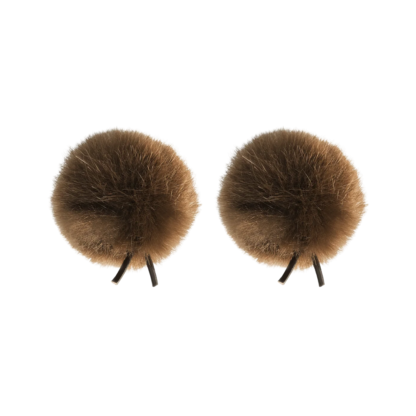 Pair of brown faux fur pom-poms with twin-prong base