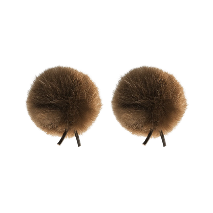Pair of brown faux fur pom-poms with twin-prong base