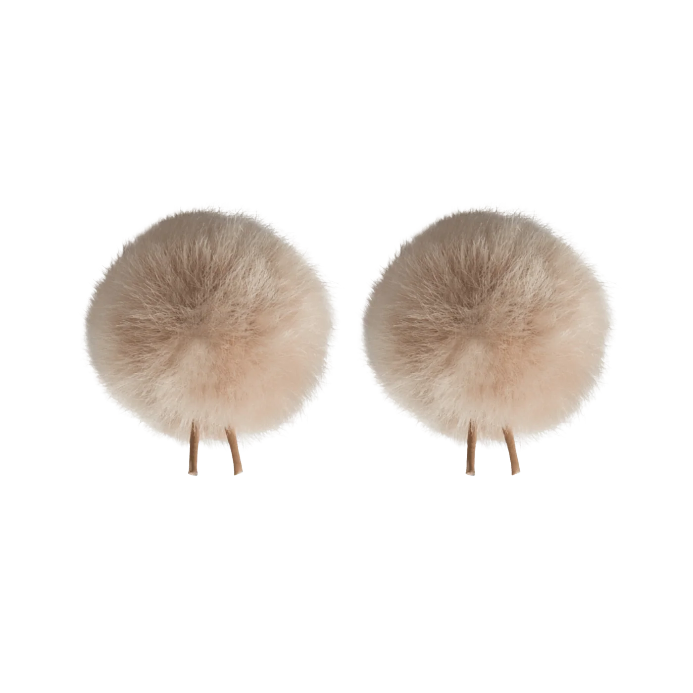 Pair of beige faux fur pom-poms with twin-prong base