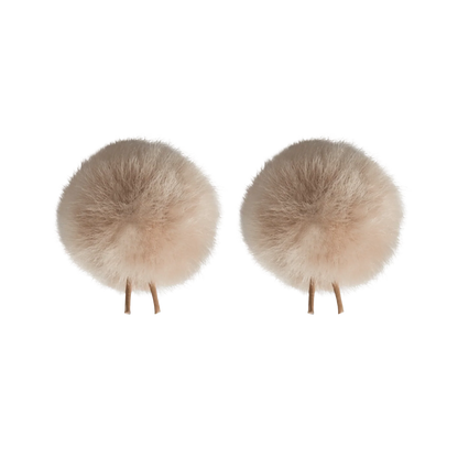 Pair of beige faux fur pom-poms with twin-prong base