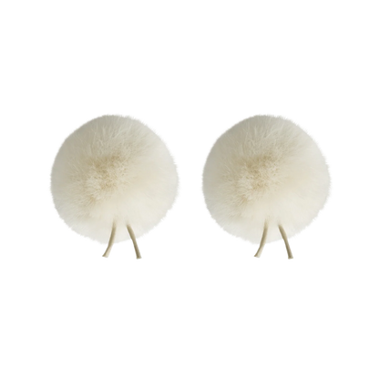 Pair of off-white faux fur pom-poms with twin-prong base